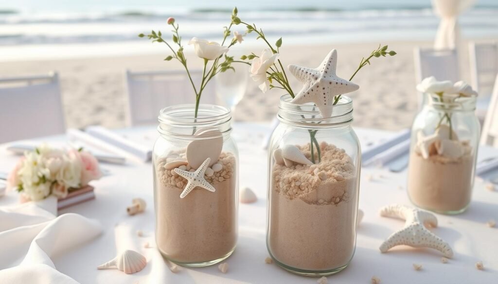 Beach-themed mason jar centerpiece with seashells.