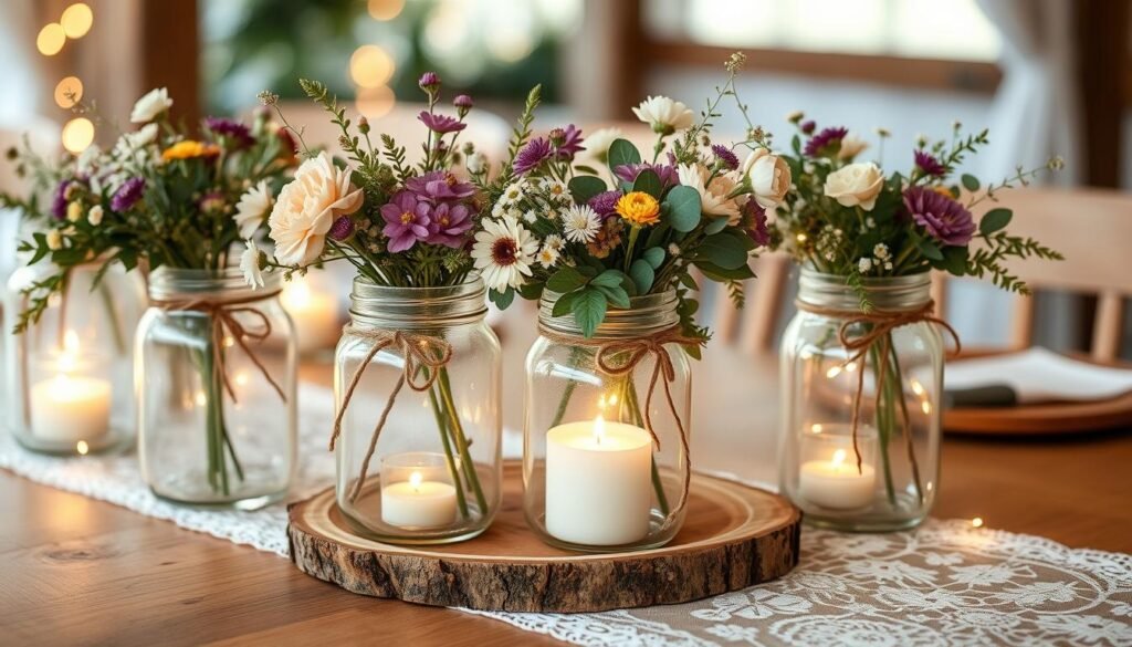 Boho Chic Wedding Mason Jar Centerpiece.