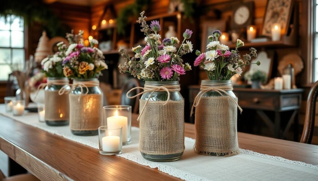 Burlap Mason Jar Centerpiece