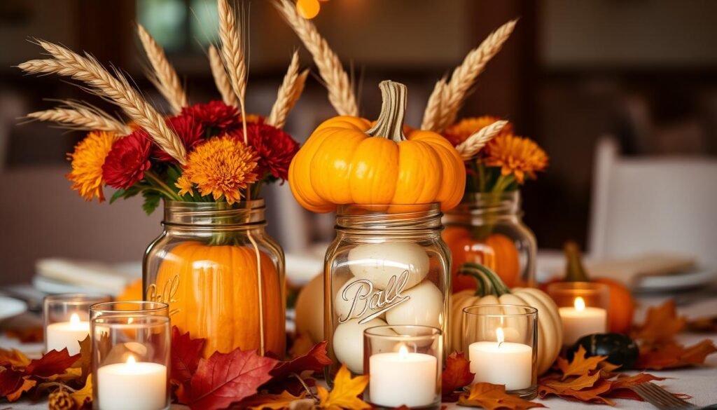 Fall wedding mason jar centerpiece with pumpkins and wheat
