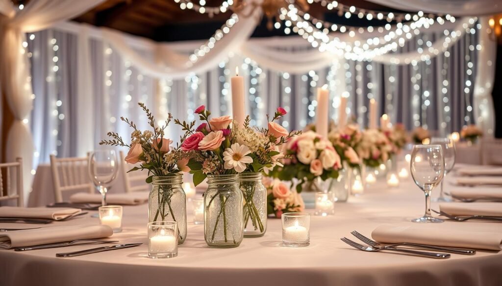Glitter mason jars wedding decor.