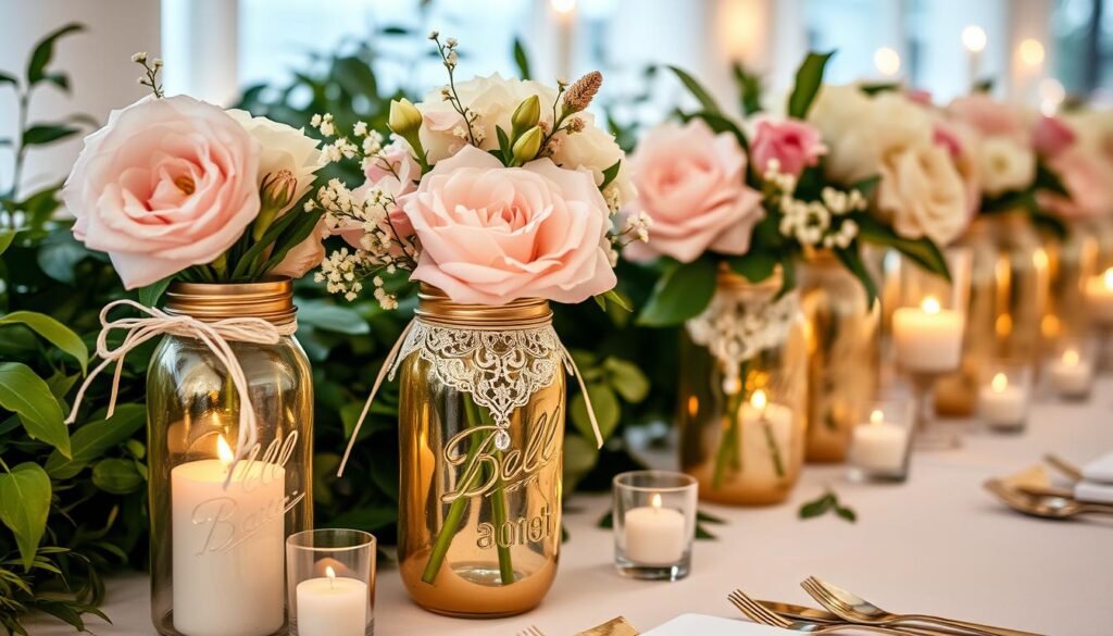 Gold Mason Jar Centerpiece for Elegant Wedding Tables