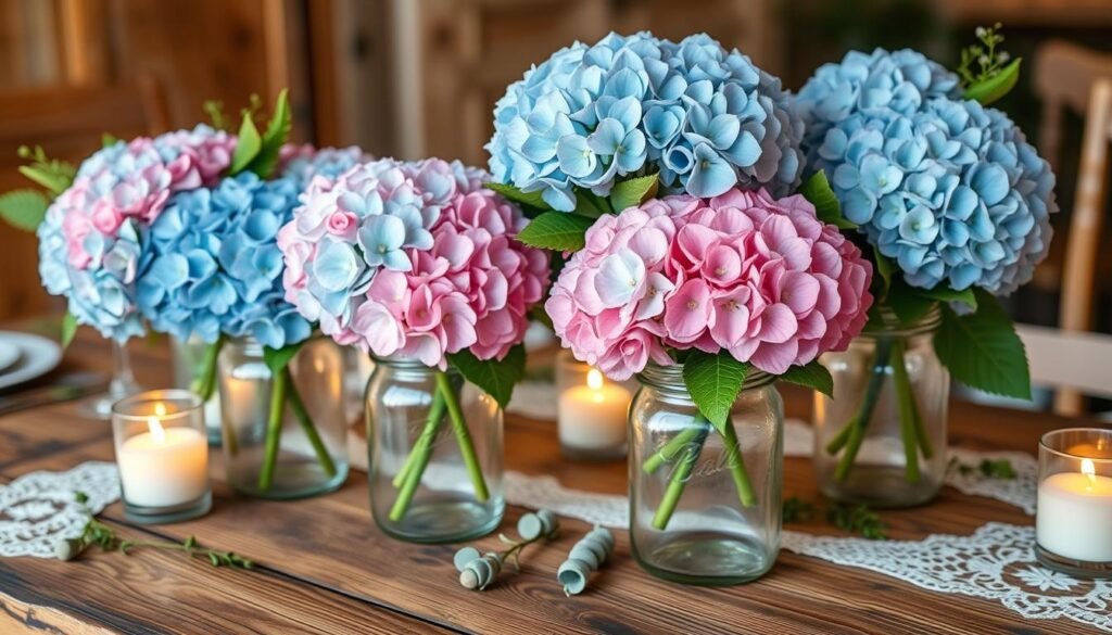 Hydrangea Mason Jar Wedding Centerpiece.