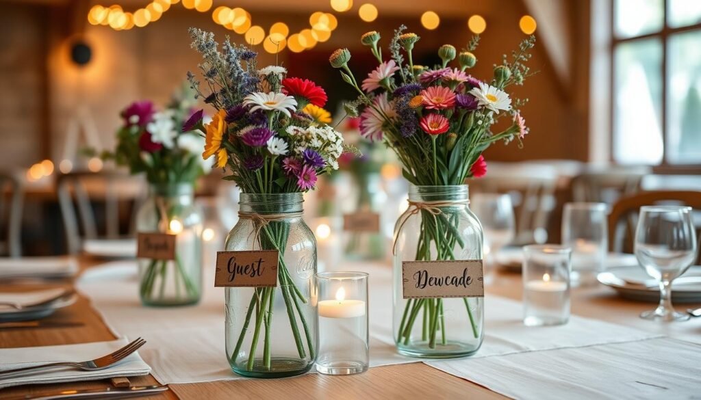 Mason jar centerpiece with name tag.