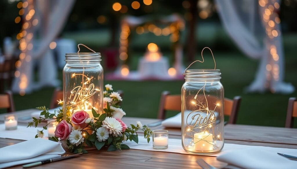 Mason jar lantern centerpiece lit up on wedding table.
