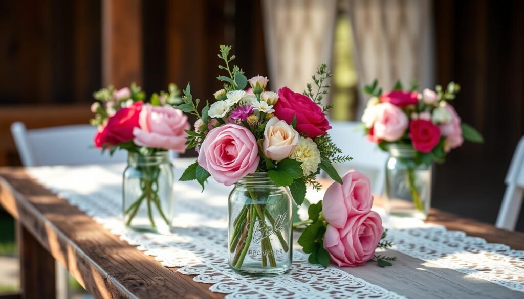 Mason jar wedding centerpiece with fresh flowers