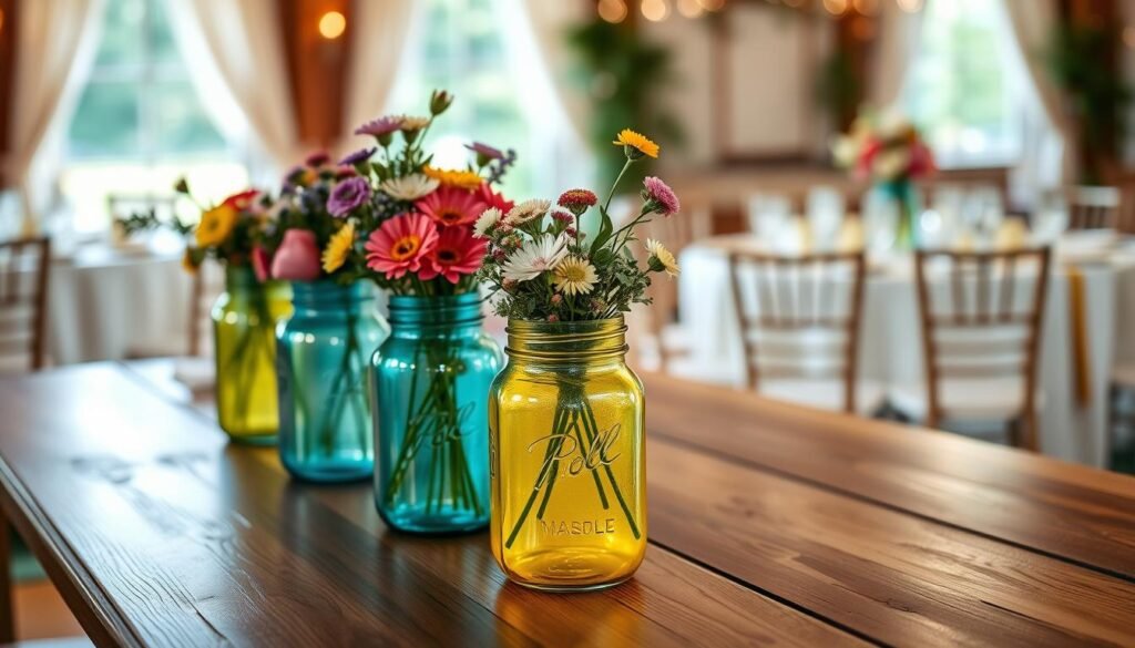 Painted mason jar centerpiece with floral design.