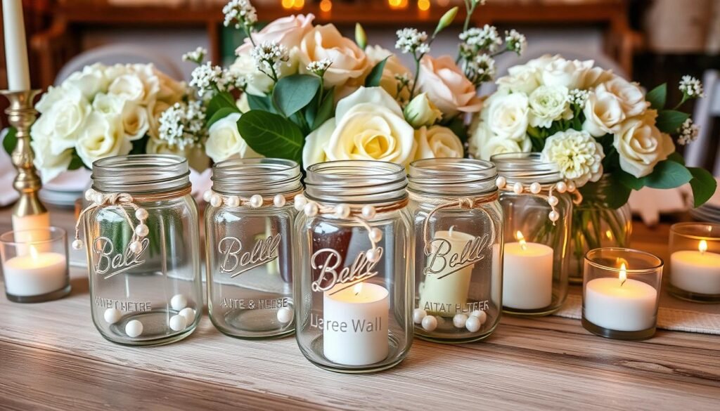 Pearl-Accented Mason Jar Wedding Decor.