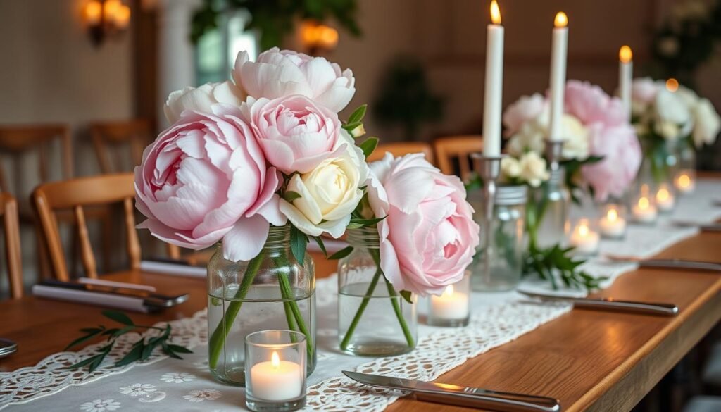 Peony-filled mason jars centerpiece.