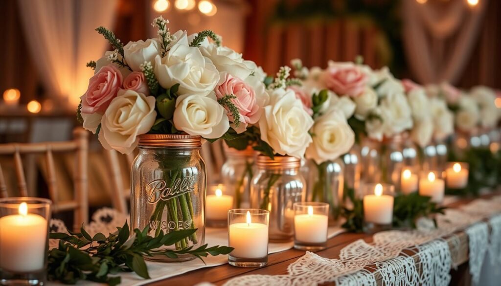 Rose Gold Mason Jar Centerpiece Brushed with Elegance