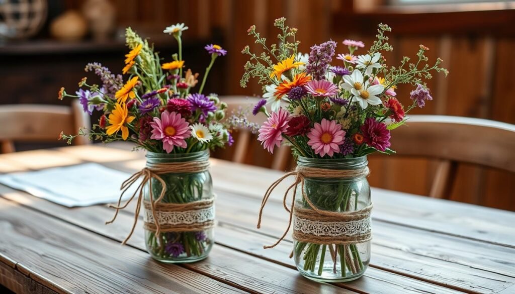 Rustic Mason Jar Centerpiece with Twine and Lace.