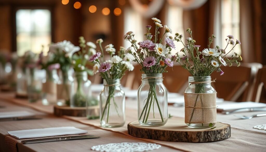 Rustic mason jar wedding centerpiece.
