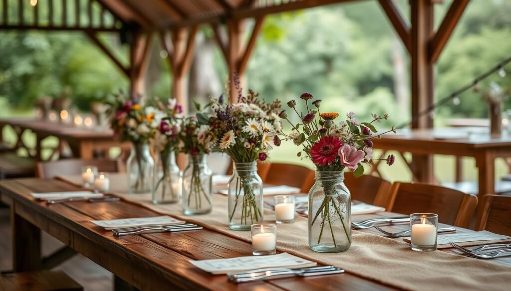 Rustic mason jar wedding centerpiece.
