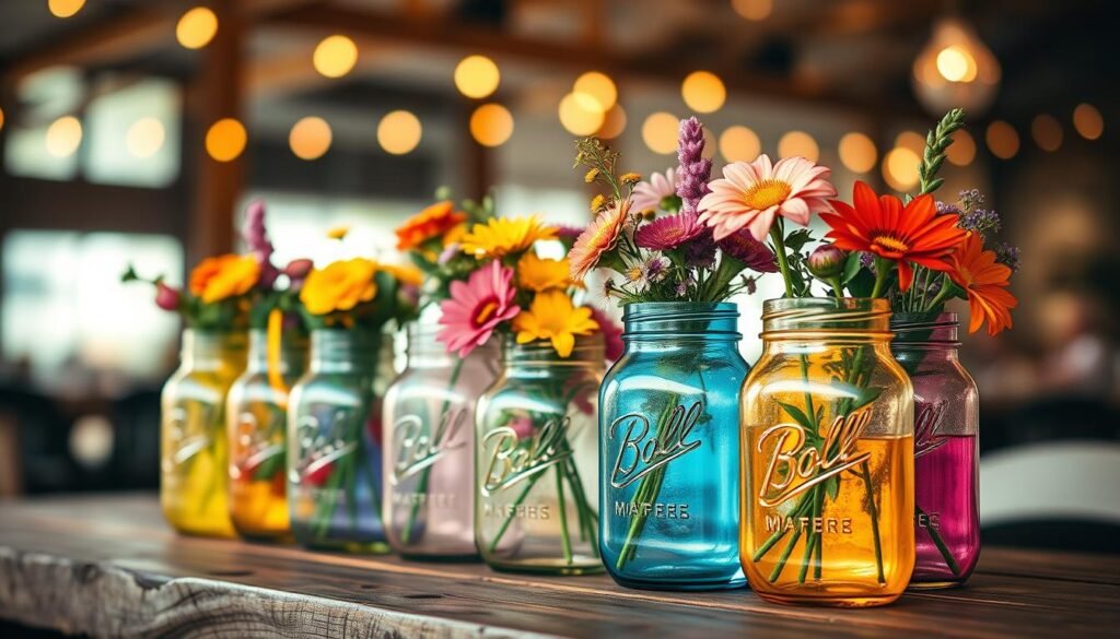 Watercolor mason jars for artsy wedding decor.
