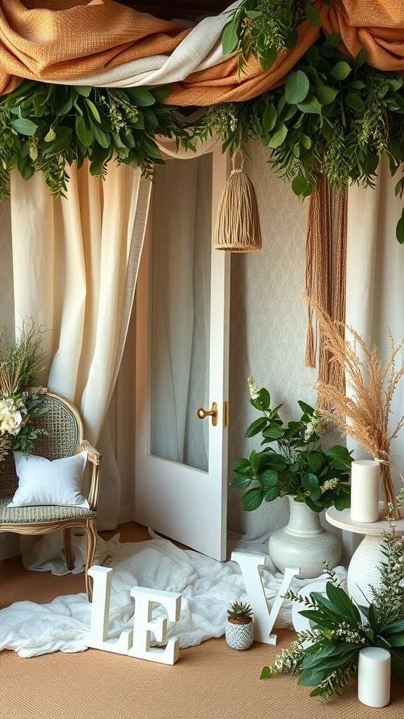 A cozy wedding decor setup featuring layered textures with fabrics and greenery.