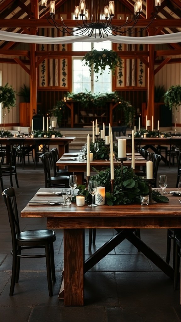 Rustic wooden tables and chairs decorated with greenery and candles for a wedding