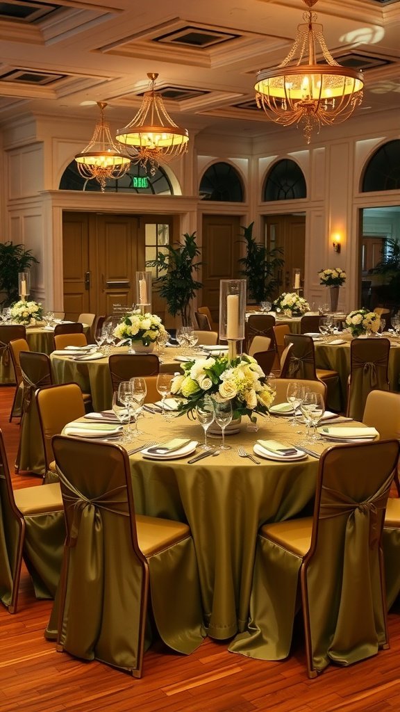 Elegant wedding setup featuring olive green table linens and floral centerpieces.