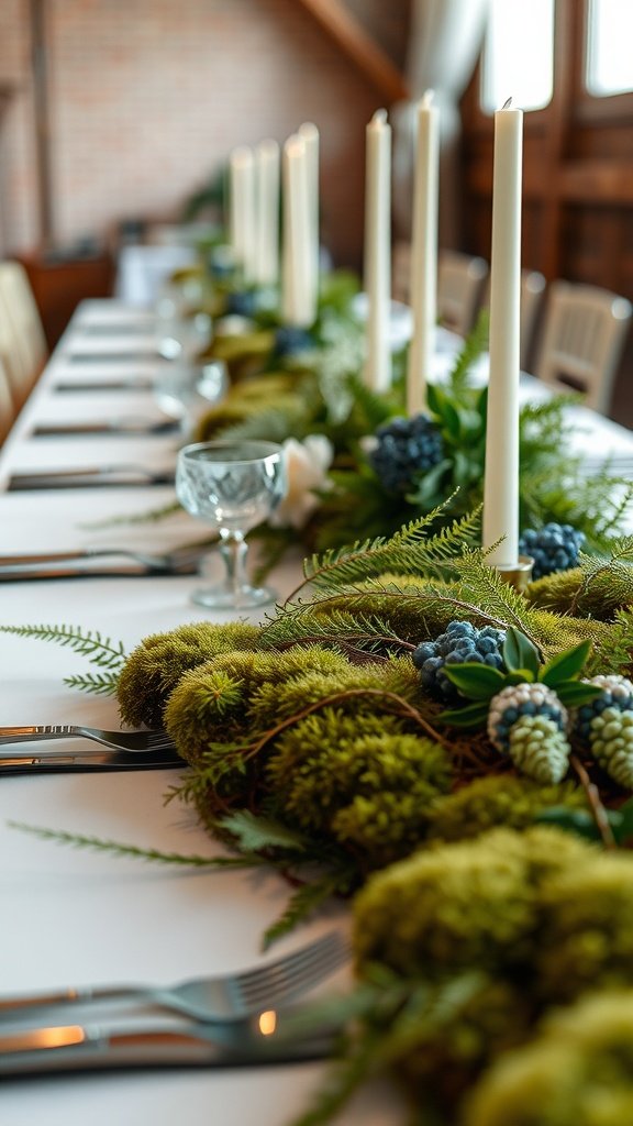 A beautifully arranged table featuring moss and ferns with candles.
