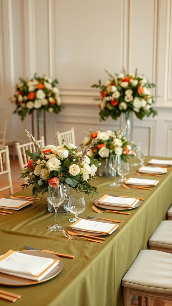 Table set with olive green tablecloth, gold accents, and floral arrangements