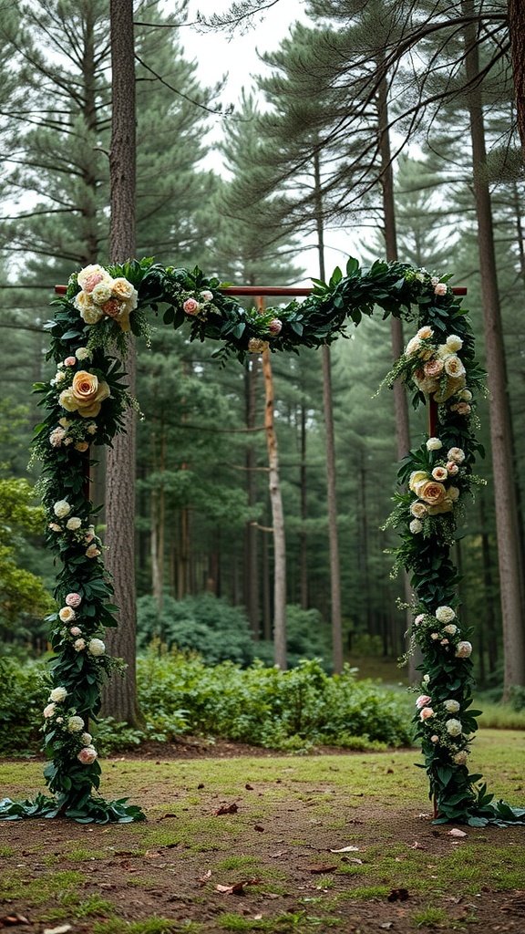 An elegant wedding ceremony arch decorated with lush greenery and soft flowers, set in a forest.