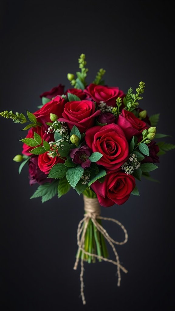 A dark floral bouquet featuring red roses and green foliage.