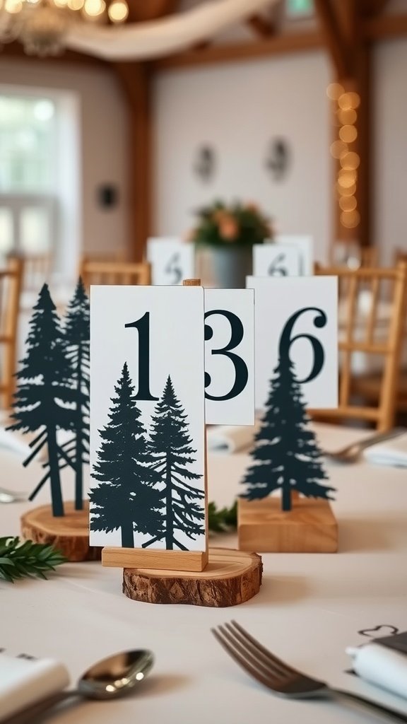 Whimsical table numbers with dark forest design and wooden bases