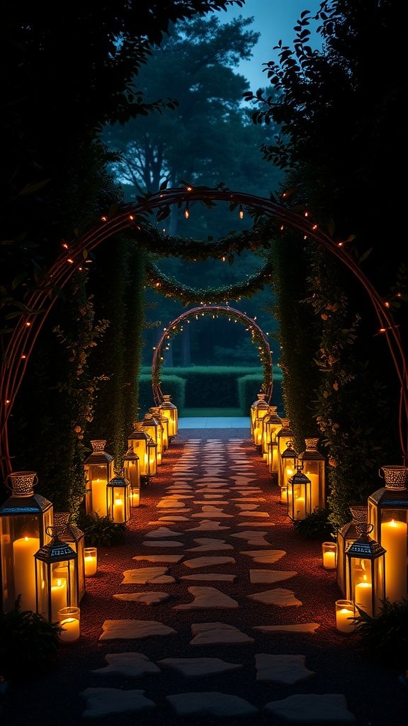 A candlelit pathway lined with lanterns and soft lighting, surrounded by greenery.