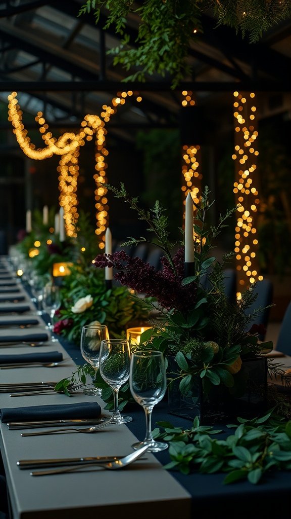Beautiful wedding table decor with forest-themed centerpieces, candles, and fairy lights.