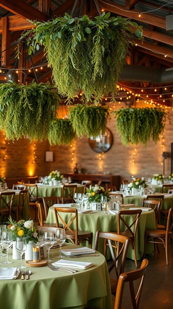 A beautifully decorated wedding venue featuring olive green table linens, lush hanging greenery, and warm lighting.