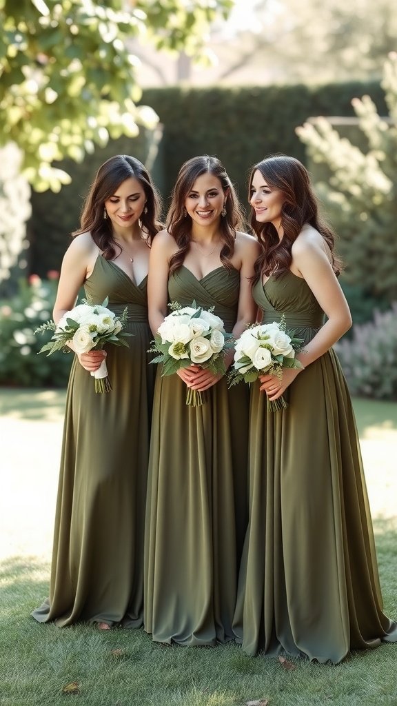 Three bridesmaids in olive green dresses holding white rose bouquets.