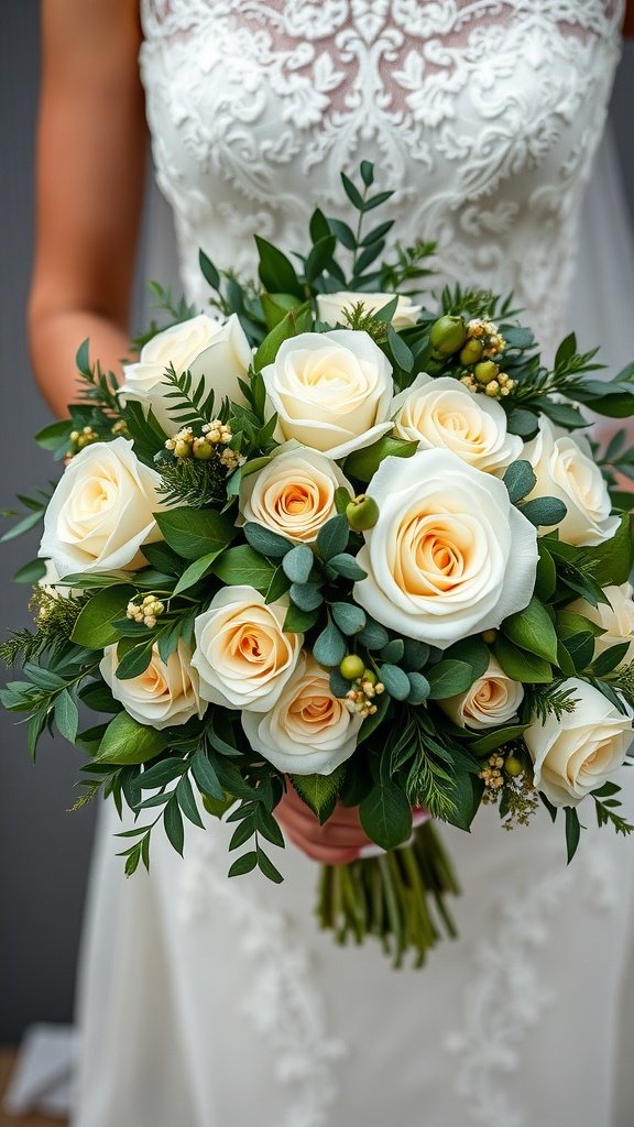 A bouquet with cream roses and olive green foliage held by a bride in a lace wedding dress.