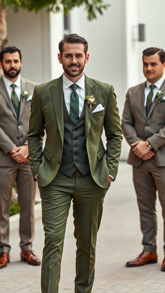 A groom in an olive green suit with groomsmen in gray suits, showcasing olive green wedding ideas.