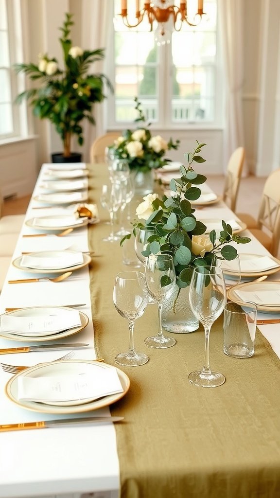 Elegant olive green table setting with white roses and glassware