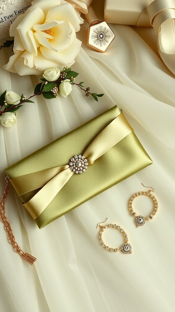 Olive green clutch with ribbon, gold earrings, and white flowers on soft fabric