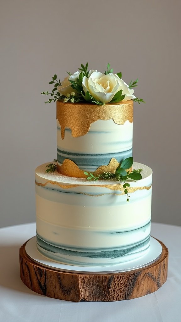 A stylish two-tiered wedding cake decorated with olive green and gold accents.