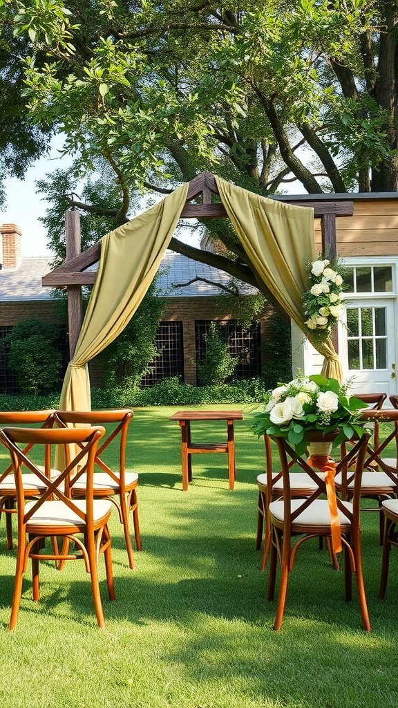 Elegant outdoor wedding ceremony setup with olive green drapery and wooden chairs.