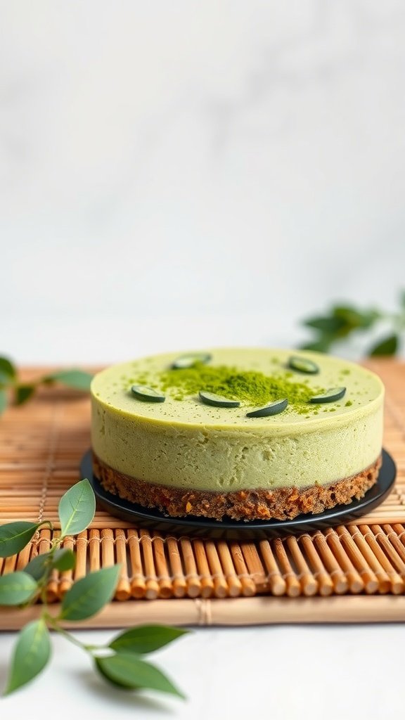 A round matcha green tea cheesecake with a graham cracker crust, garnished with matcha powder and green tea leaves.