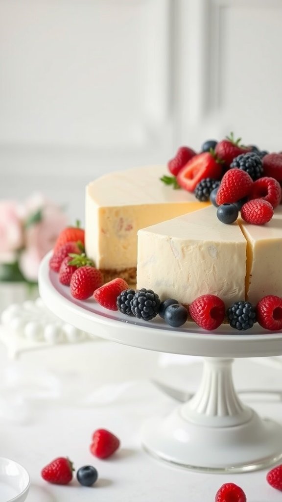 A classic New York style cheesecake topped with fresh strawberries, blueberries, and blackberries.