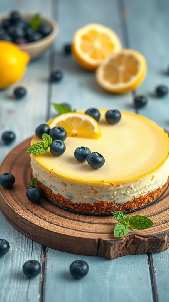 A lemon blueberry cheesecake topped with lemon slices and fresh blueberries, placed on a wooden board