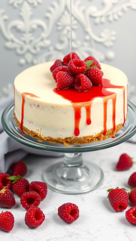 A Raspberry White Chocolate Cheesecake topped with fresh raspberries and a red sauce.