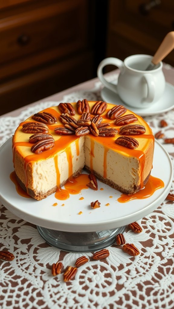 A beautifully presented caramel pecan cheesecake with a slice removed, garnished with pecans and caramel sauce.