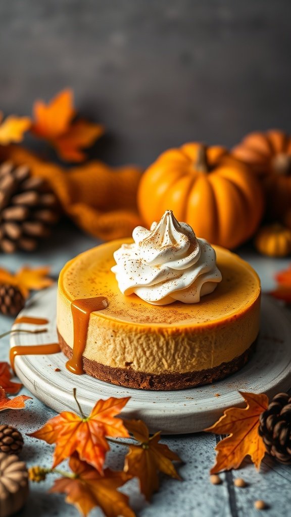A pumpkin spice cheesecake topped with whipped cream and caramel, surrounded by autumn leaves and pumpkins.