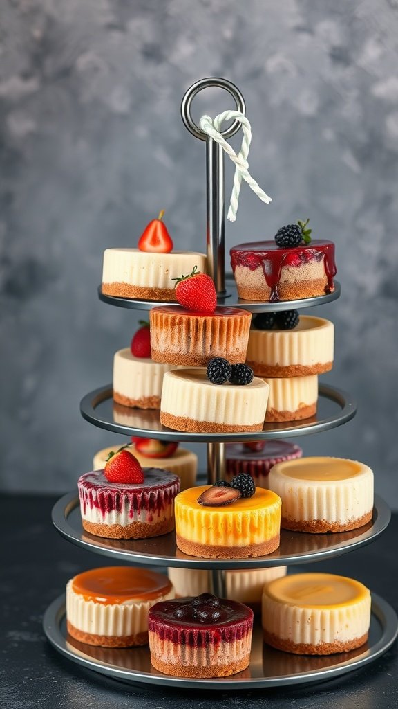 A tiered stand displaying an array of colorful mini individual cheesecakes with various toppings.