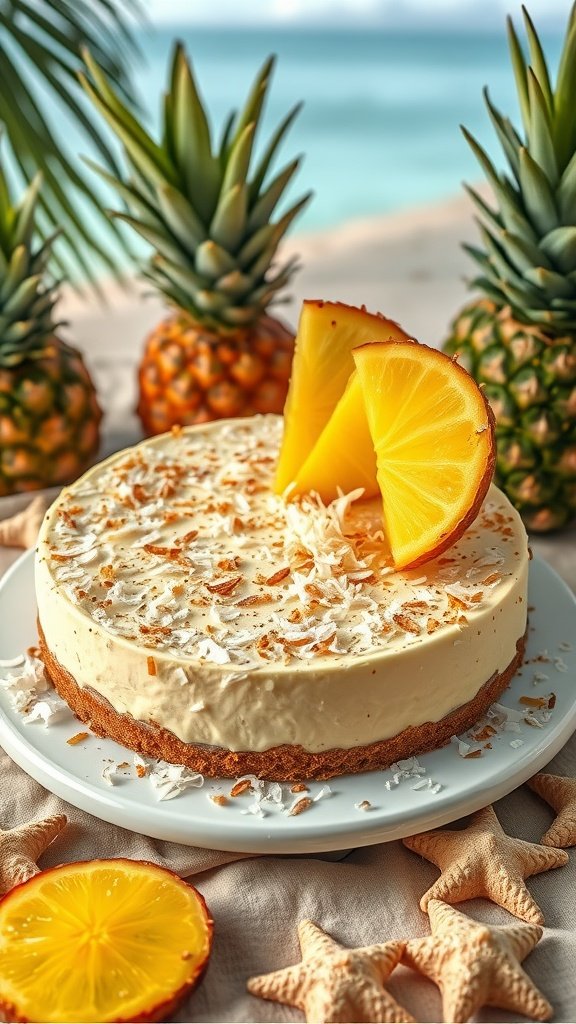 Tropical coconut cheesecake with pineapple slices and toasted coconut decoration