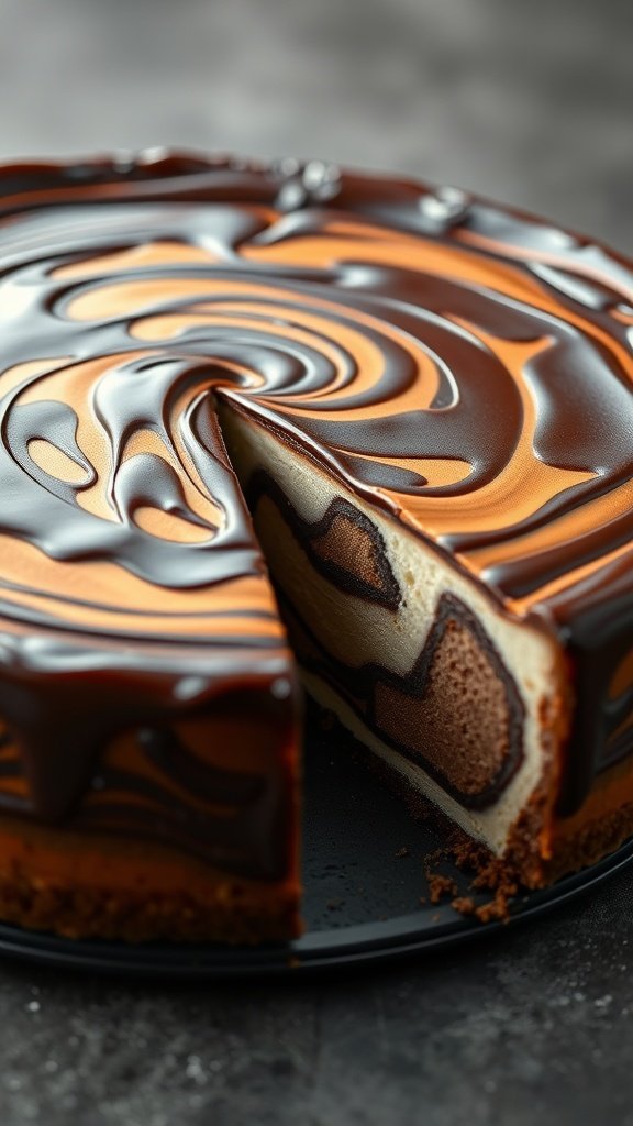 Chocolate swirl cheesecake with a slice removed