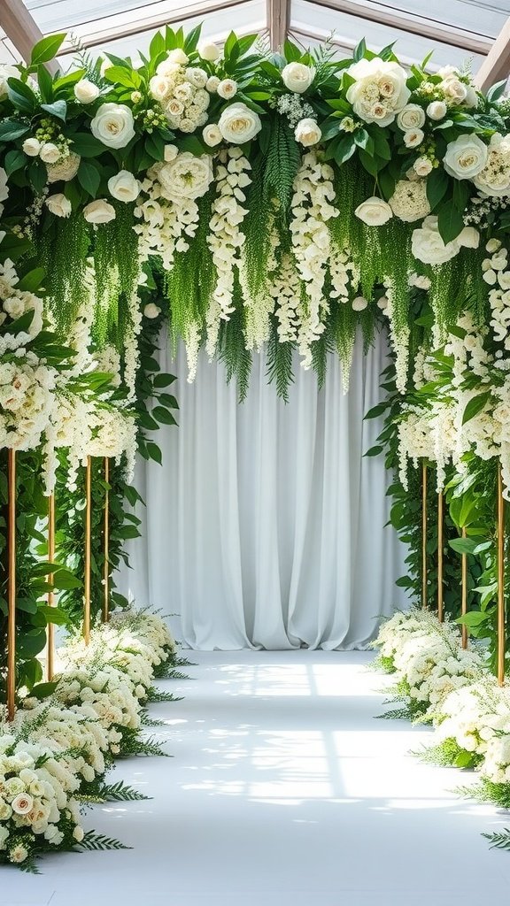 Beautiful wedding arch decorated with white flowers and greenery