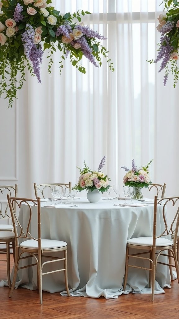 A beautifully set table for a wedding featuring lavender and sage decorations.