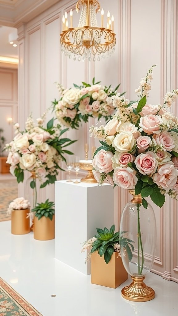 Floral arrangements in blush and gold accents for a spring wedding