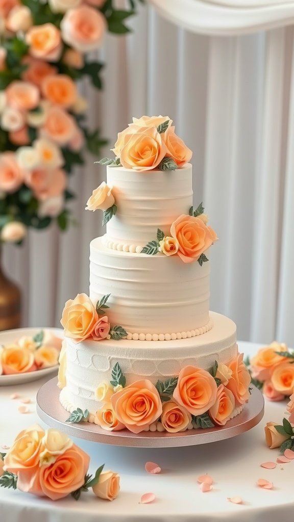 A beautifully decorated wedding cake with peach roses, surrounded by peach petals.
