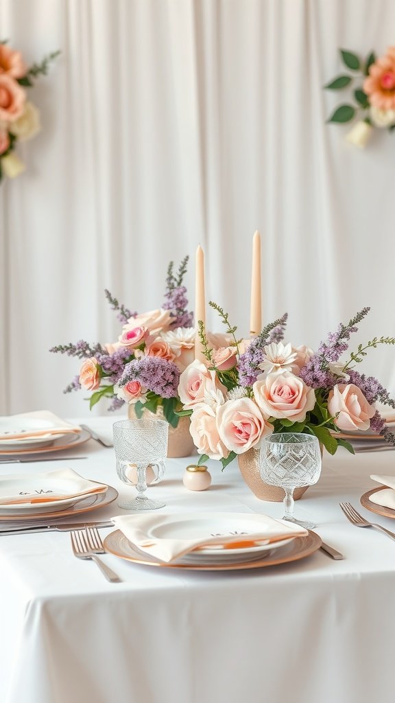 A beautifully set table with pastel floral arrangements, soft neutral tones, and elegant tableware.